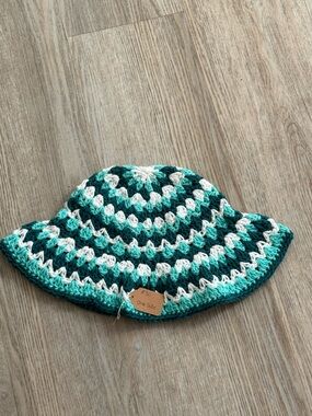 Handmade Teal, Blue & White Crochet Summer Beach Boho Cotton Coquette Sun Hat